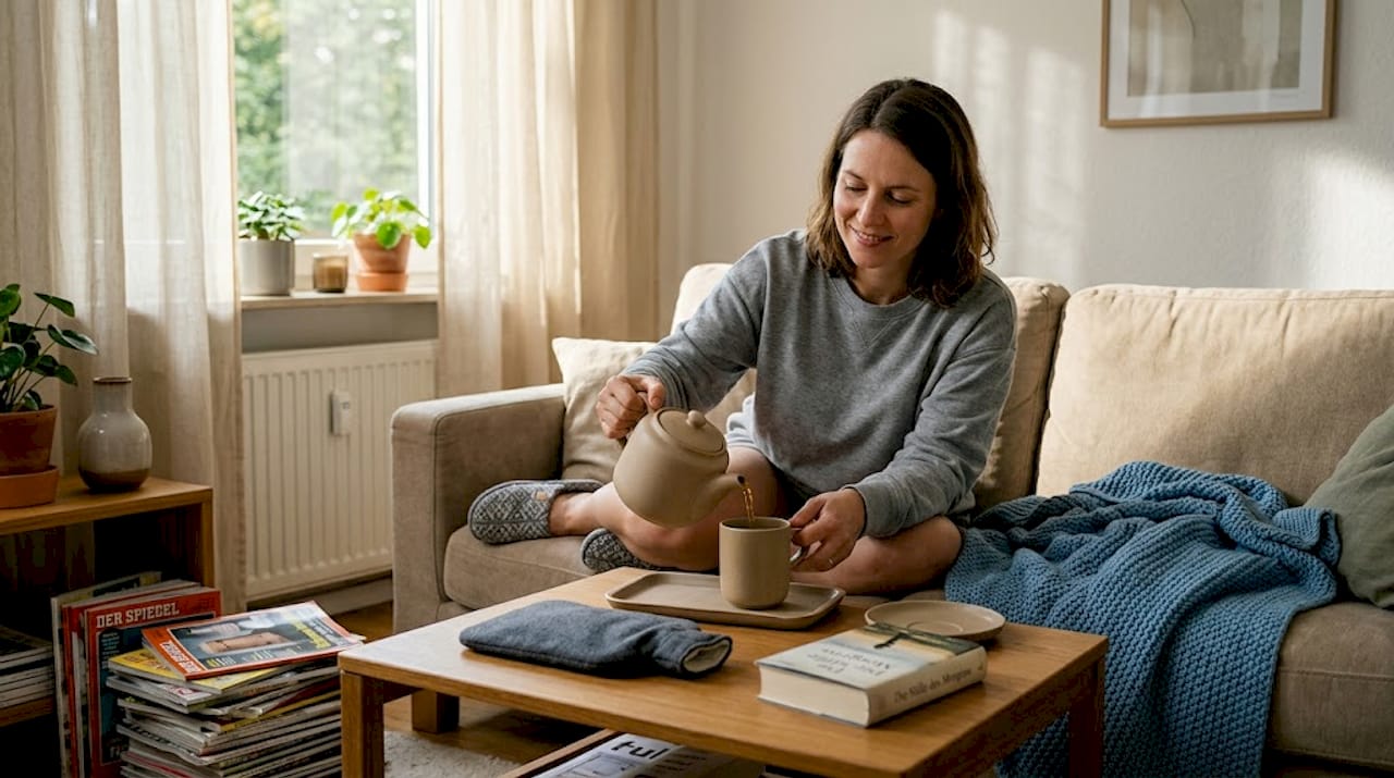 Eine Frau bereitet sich eine Tasse Kamillentee zu, um Linderung zu finden.