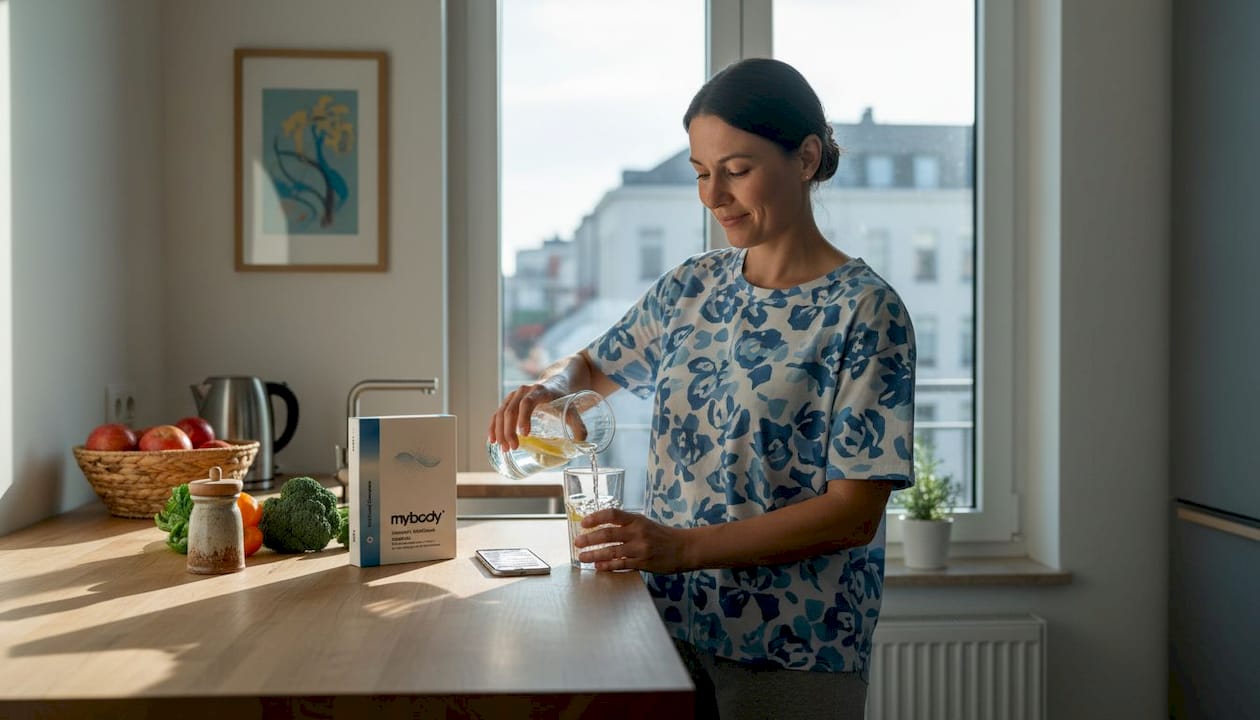 Eine Frau mischt in ihrer Küche ein selbstgemachtes Elektrolytgetränk zusammen.