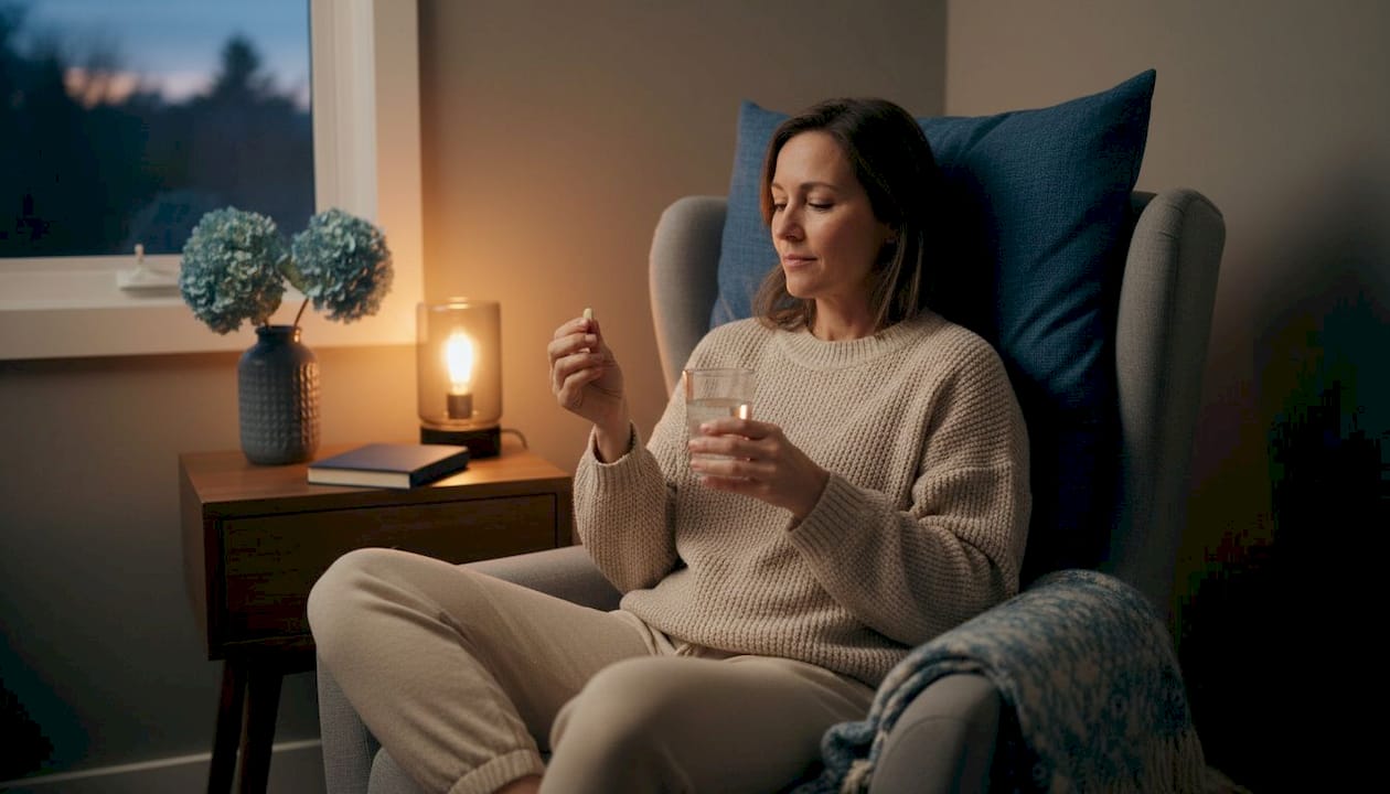 Am Abend nimmt die Frau im Wohnzimmer ihr Melatonin ein.