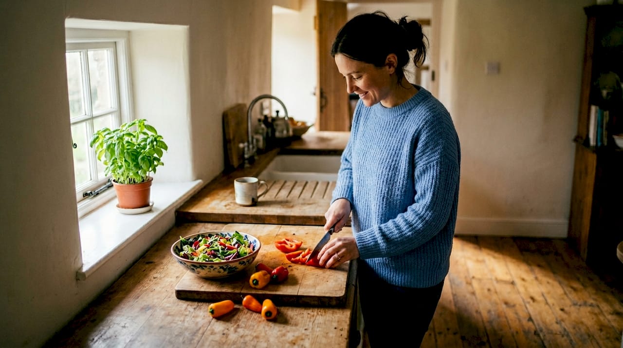 In ihrer Küche schneidet eine Frau frisches Obst und Gemüse und bereitet alles für eine gesunde Mahlzeit vor.