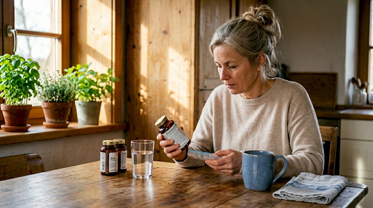 Eine Frau sitzt am Küchentisch und studiert aufmerksam die Verpackung ihrer Vitamintabletten.