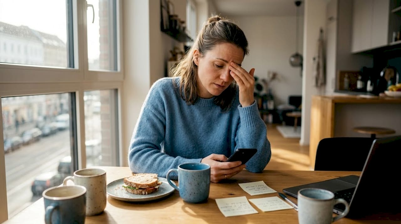 Eine Frau sitzt erschöpft am Küchentisch, mitten im ganz normalen Alltagsstress.