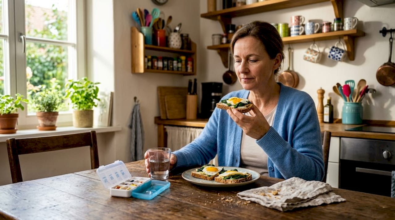Eine Frau startet gesund in den Tag und nimmt beim Frühstück ihre B-Vitamine ein.
