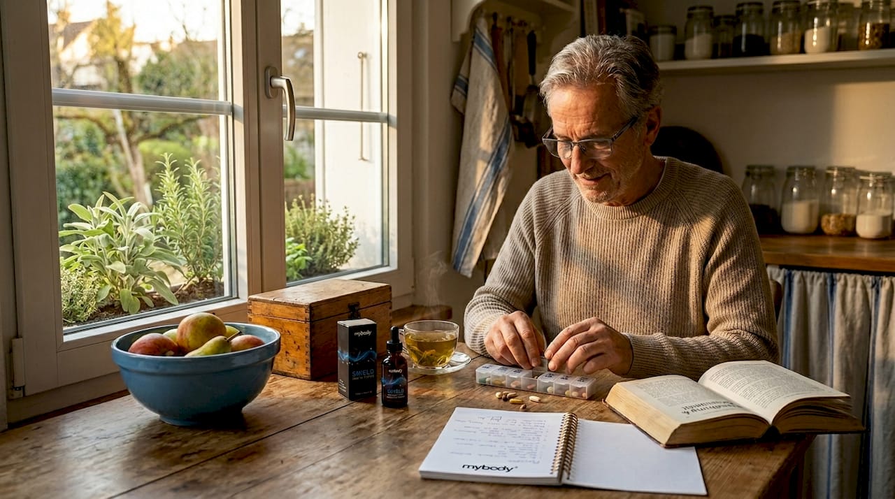 Ein älterer Herr steht in seiner Küche und sortiert sorgfältig seine Vitamintabletten.