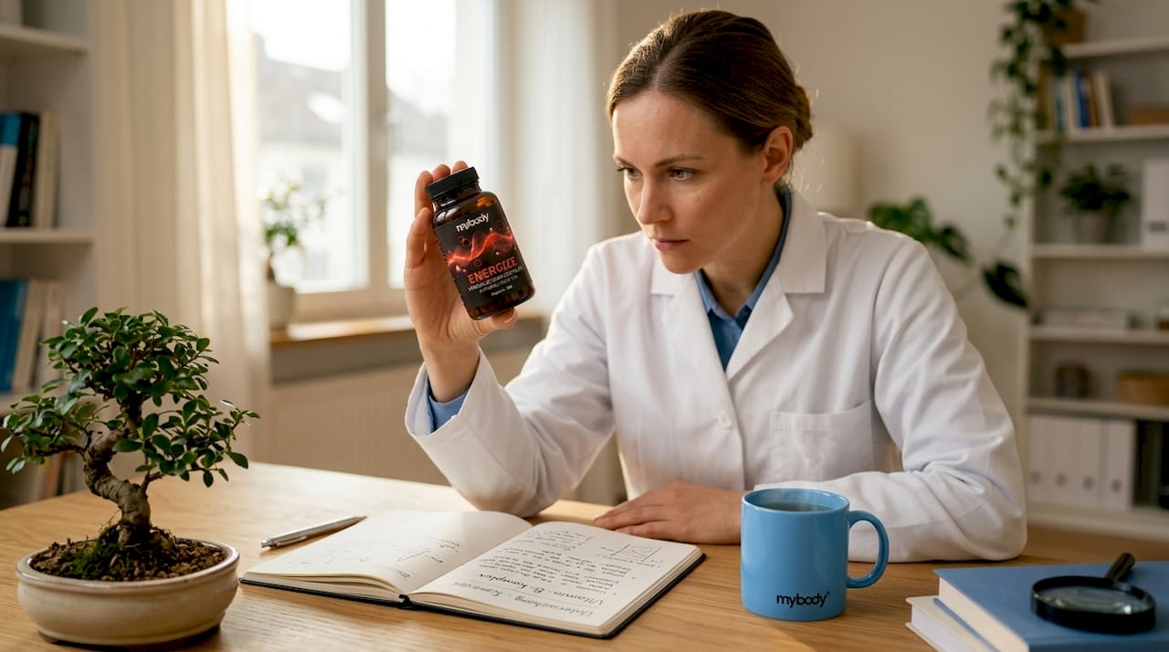 Ein Wissenschaftler nimmt eine Flasche mit Vitamin-B-Komplex genauer unter die Lupe.