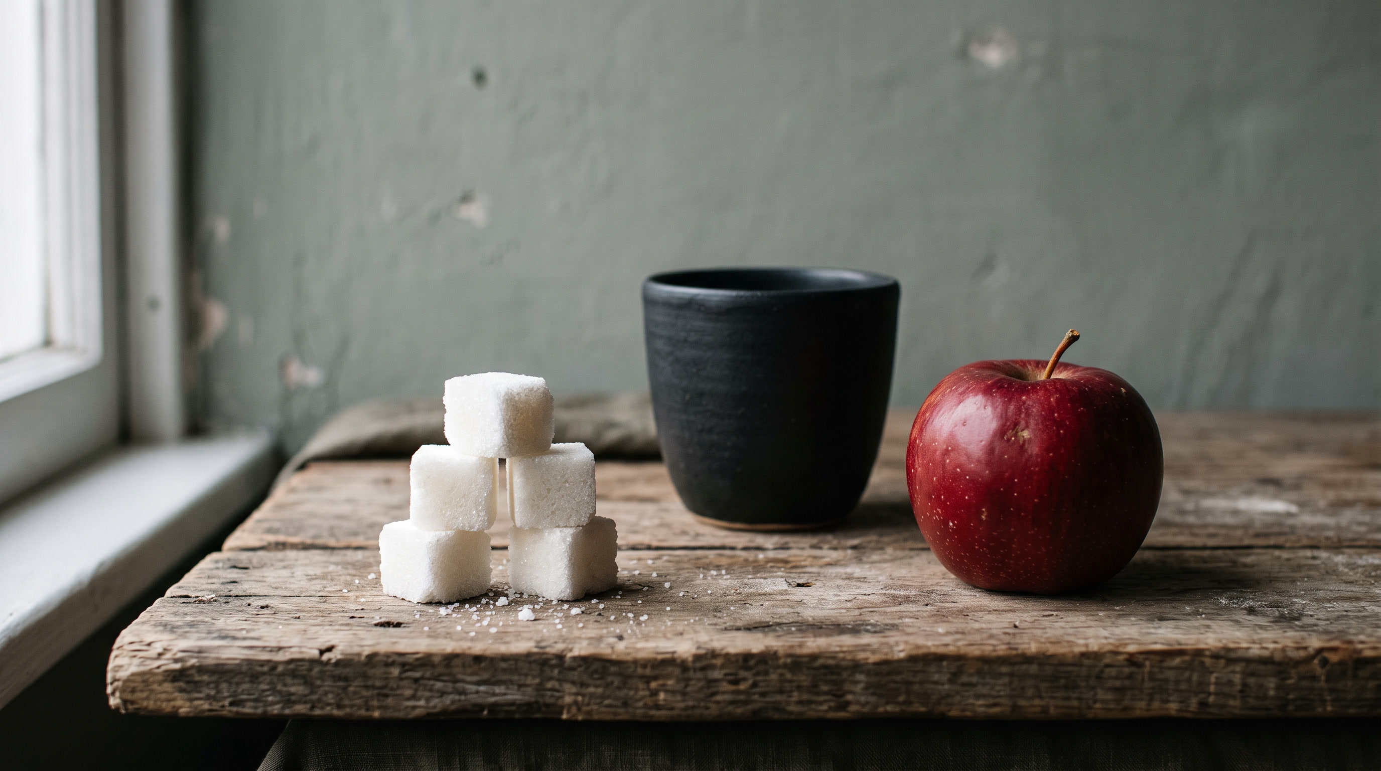 Ein kleiner Stapel Zuckerwürfel neben einer dunklen Keramiktasse und einem roten Apfel auf verwittertem Holz.