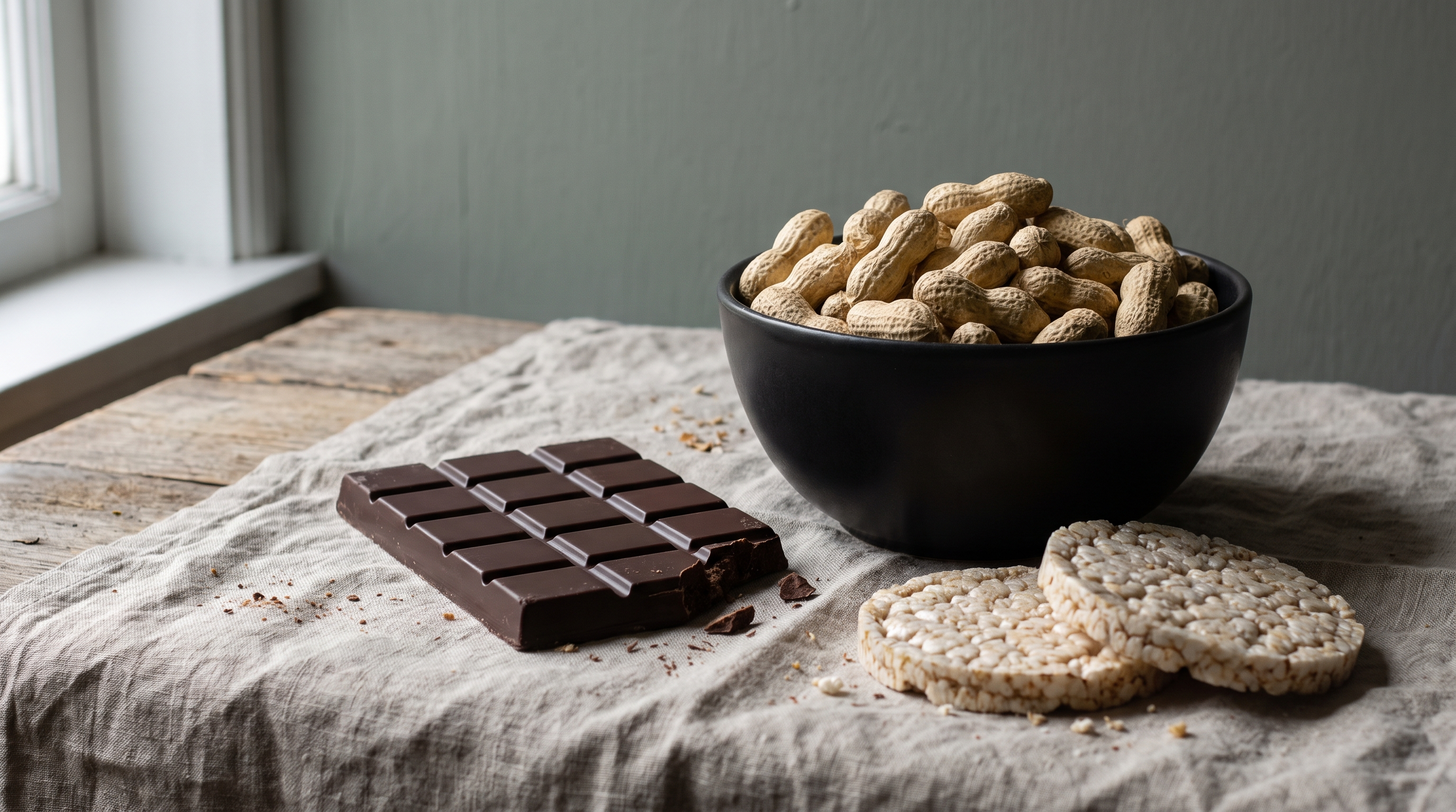 Eine dunkle Schüssel mit Erdnüssen in der Schale, eine angebrochene Tafel dunkler Schokolade und zwei Reiswaffeln auf Leinen.