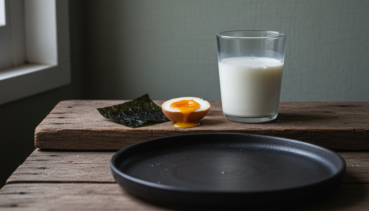Halbiertes weiches Ei, ein Blatt getrocknete Alge und ein Glas Milch neben einem dunklen Teller auf altem Holz