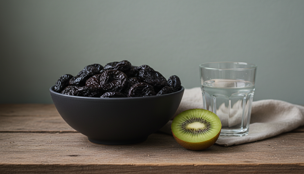 Getrocknete Pflaumen in einer dunklen Keramikschale, daneben eine halbierte Kiwi und ein Glas Wasser auf verwittertem Holz