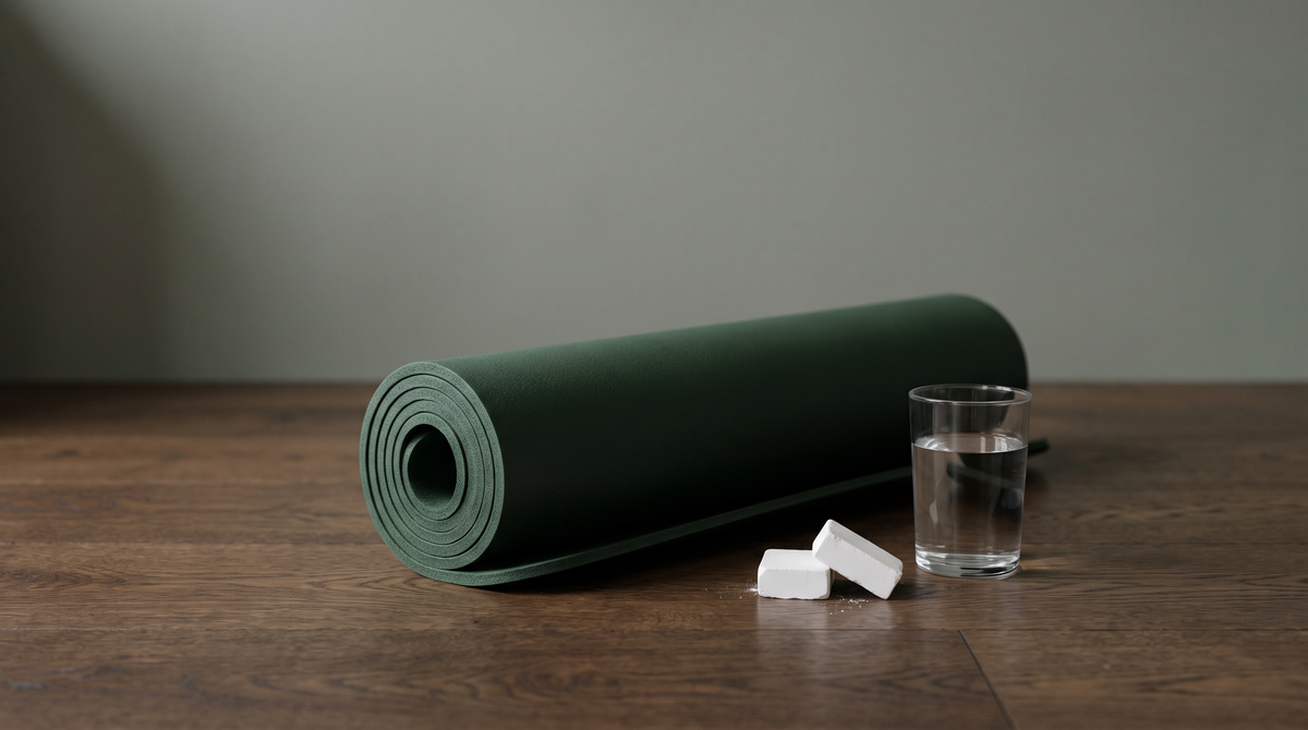 Aufgerollte dunkelgrüne Trainingsmatte neben einem Wasserglas und zwei Stücken Magnesiakreide auf dunklem Holzboden