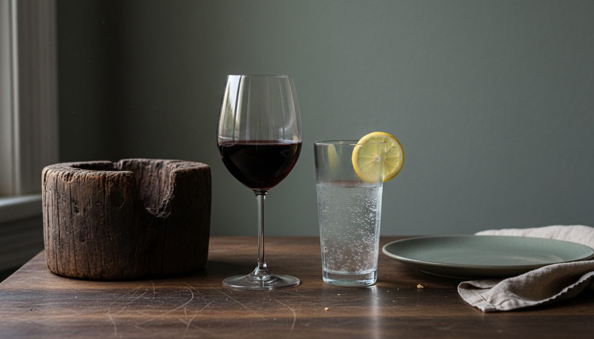 Ein Glas Rotwein neben einem Glas Mineralwasser mit Zitronenscheibe auf dunkler Eiche