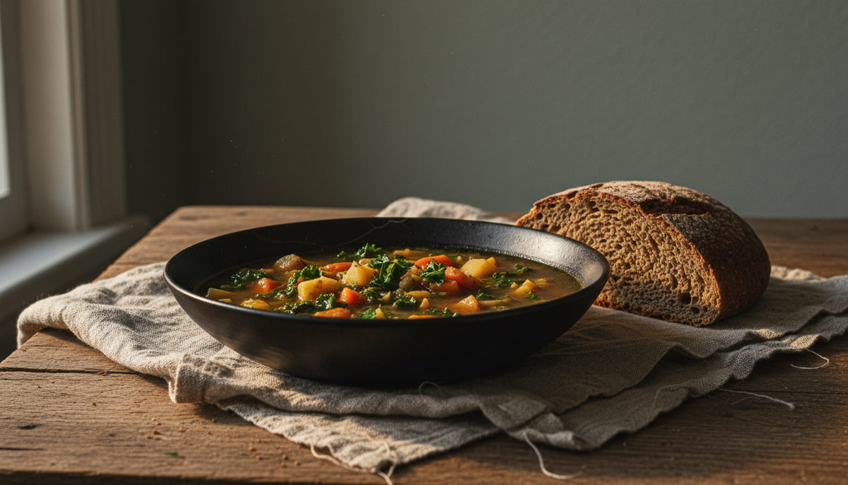Dunkle Keramikschale mit Gemüsesuppe und ein Laib dunkles Roggenbrot auf Leinen im Abendlicht