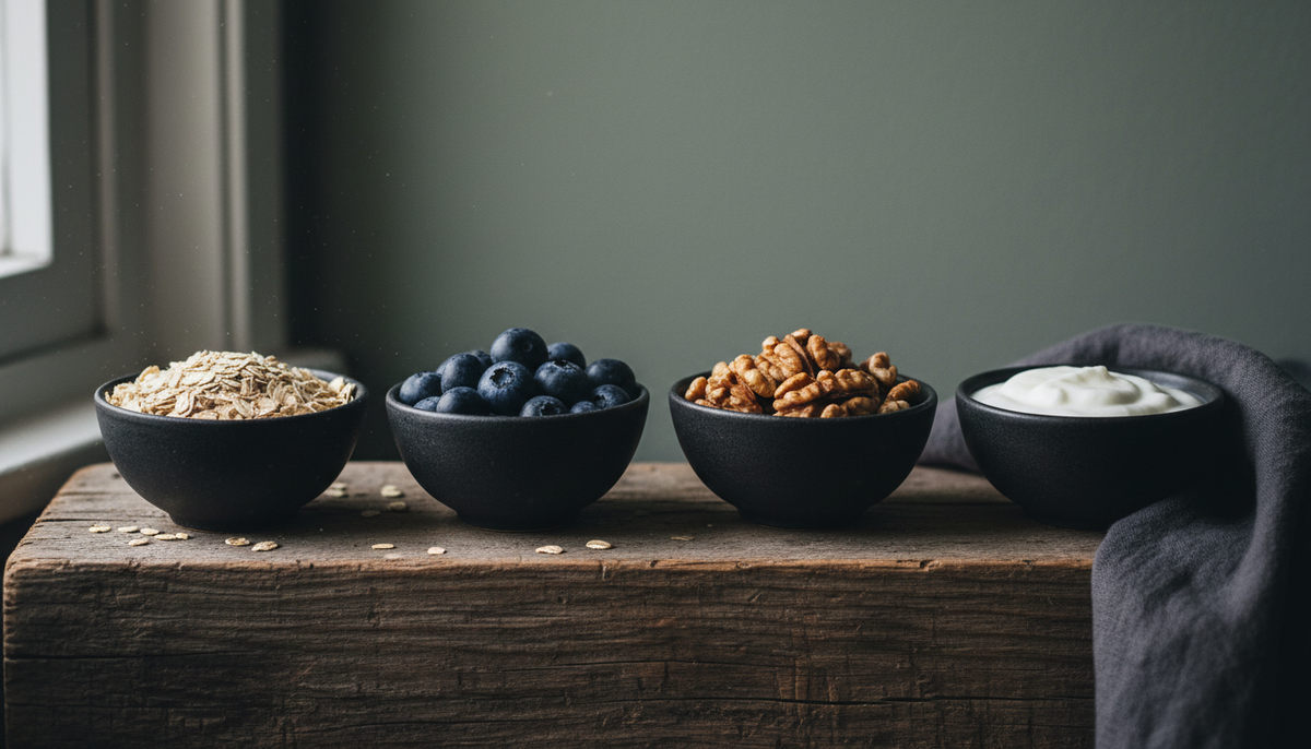 Vier matte dunkle Keramikschalen auf rohem Holz mit Haferflocken, Heidelbeeren, Walnüssen und Naturjoghurt