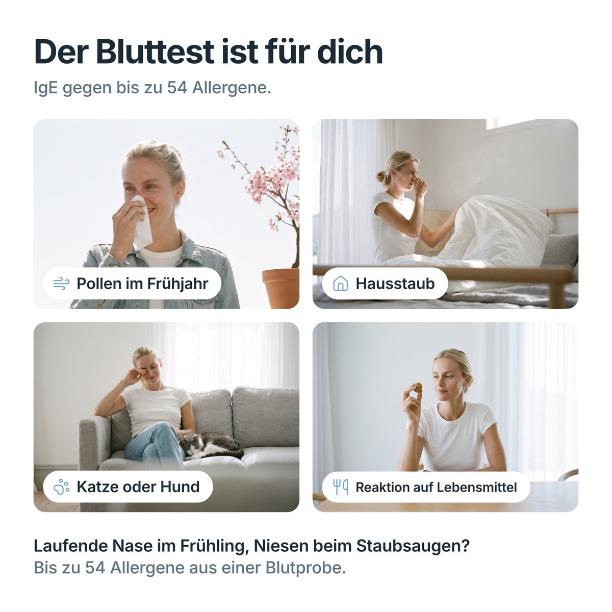 AllergoCheck passt bei Pollen im Frühjahr, Hausstaub, Katze oder Hund und Reaktionen auf Lebensmittel