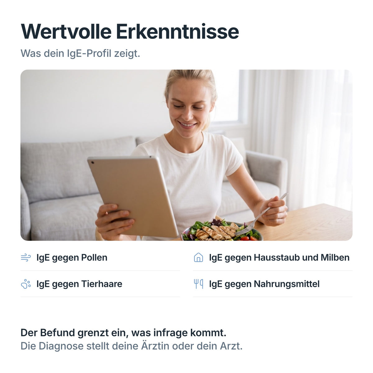 Frau liest auf dem Tablet ihre Auswertung zum AllergoCheck: IgE gegen Pollen, Hausstaub, Tierhaare, Nahrungsmittel