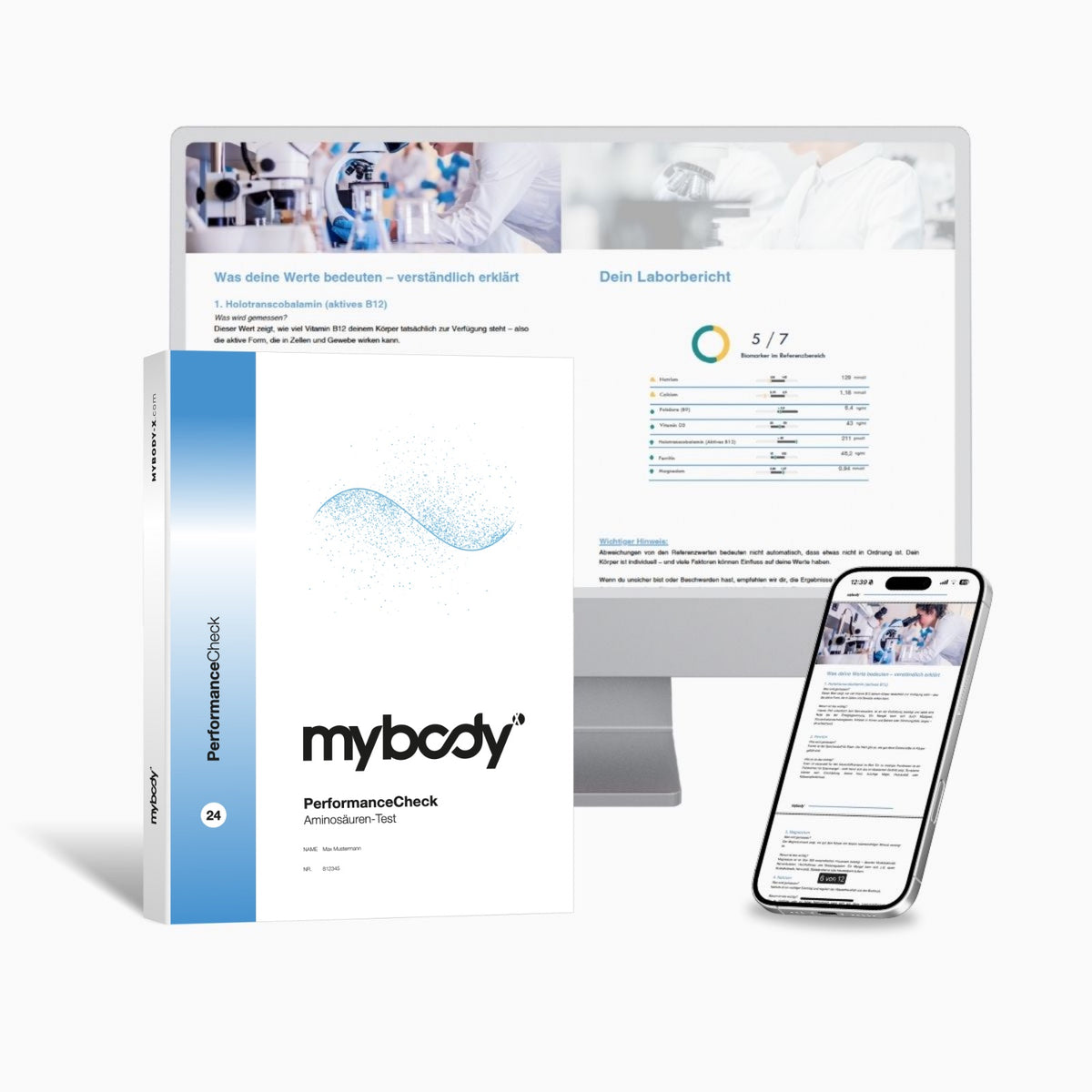 PerformanceCheck von mybody®x: Titelseite der Auswertung, dahinter Bildschirm und Handy mit Beispielseiten
