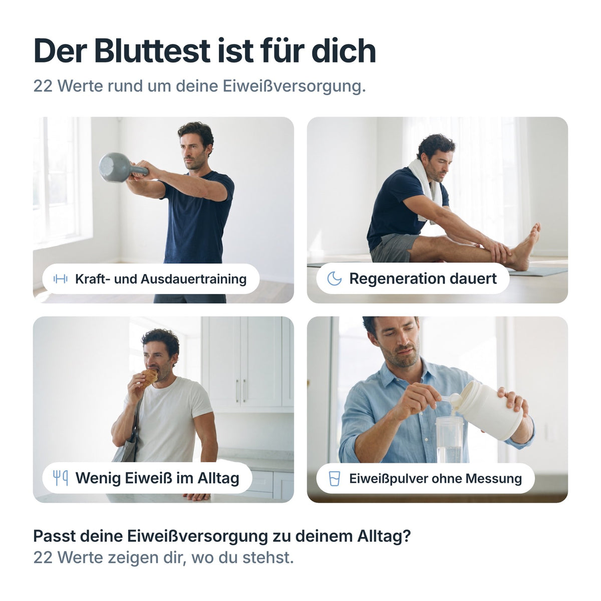 PerformanceCheck passt bei Kraft- und Ausdauertraining, langer Regeneration, wenig Eiweiß und Eiweißpulver