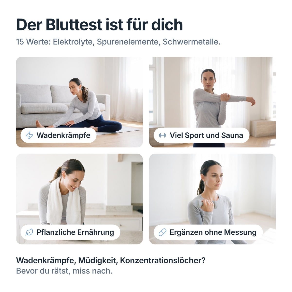 BalanceCheck passt bei Wadenkrämpfen, viel Sport und Sauna, pflanzlicher Ernährung und Ergänzung ohne Messung