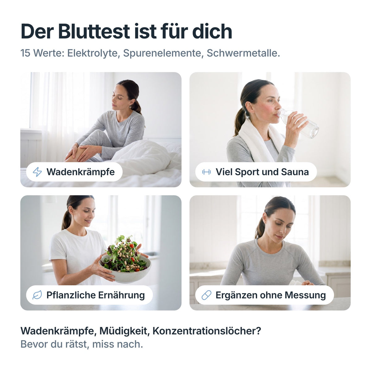 BalanceCheck passt bei Wadenkrämpfen, viel Sport und Sauna, pflanzlicher Ernährung und Ergänzung ohne Messung