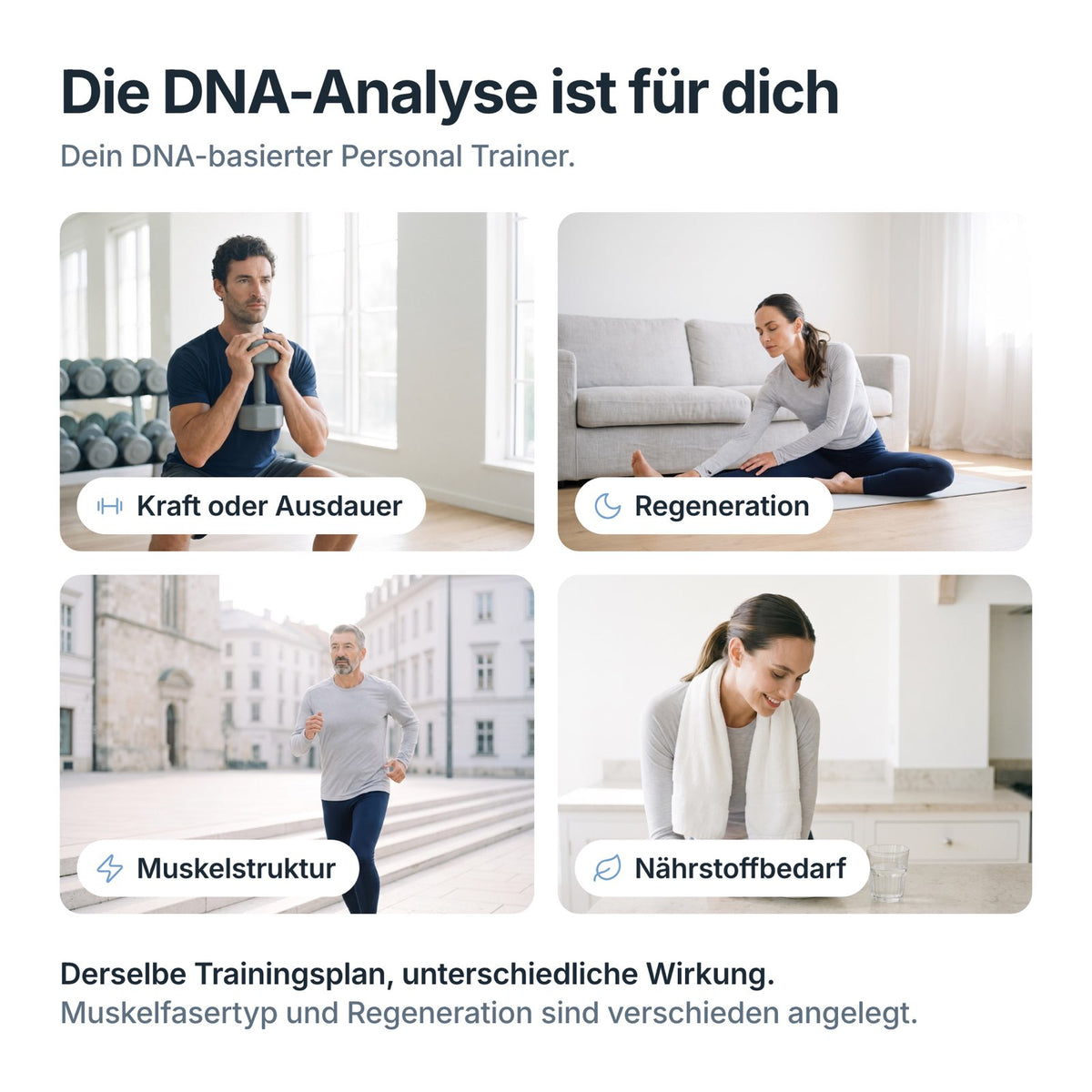 Für wen der Fitness DNA-Test ist: Kraft oder Ausdauer, Regeneration, Muskelstruktur und Nährstoffbedarf