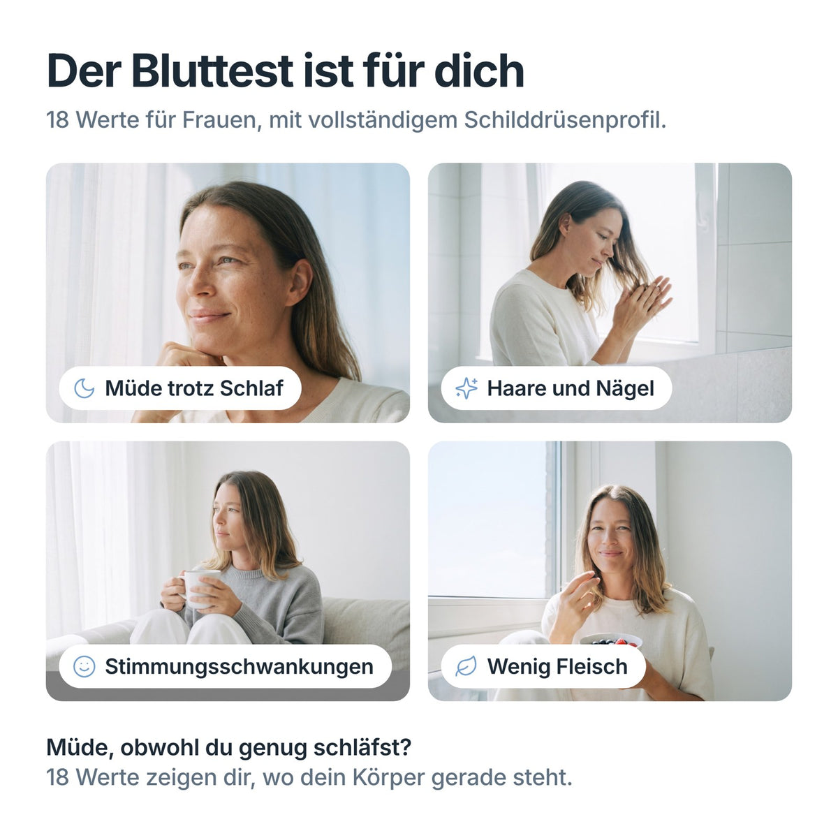 Women’s Wellness Check passt bei Müdigkeit trotz Schlaf, Fragen zu Haaren und Nägeln, Stimmungsschwankungen, wenig Fleisch