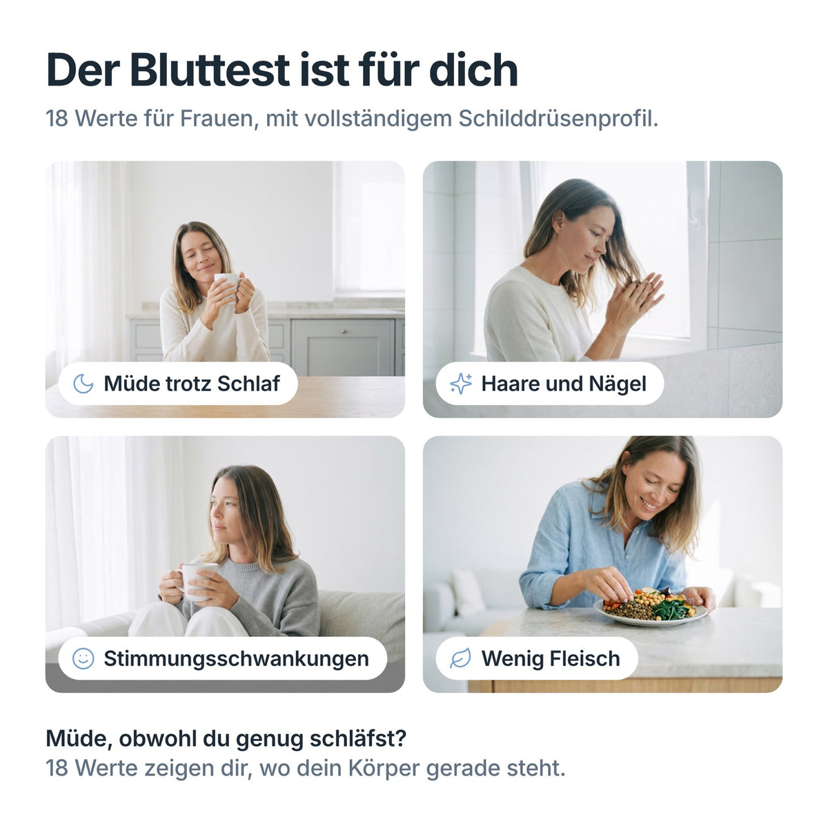 Women’s Wellness Check passt bei Müdigkeit trotz Schlaf, Fragen zu Haaren und Nägeln, Stimmungsschwankungen, wenig Fleisch