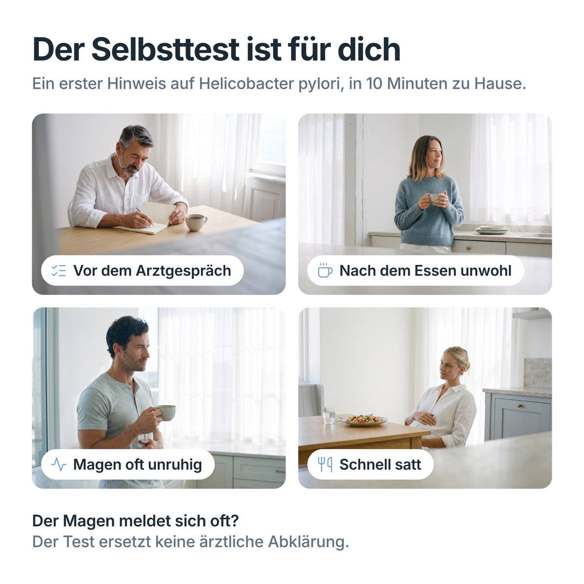 Für wen der Helicobacter-pylori-Selbsttest ist: vor dem Arztgespräch, nach dem Essen unwohl, Magen oft unruhig, schnell satt