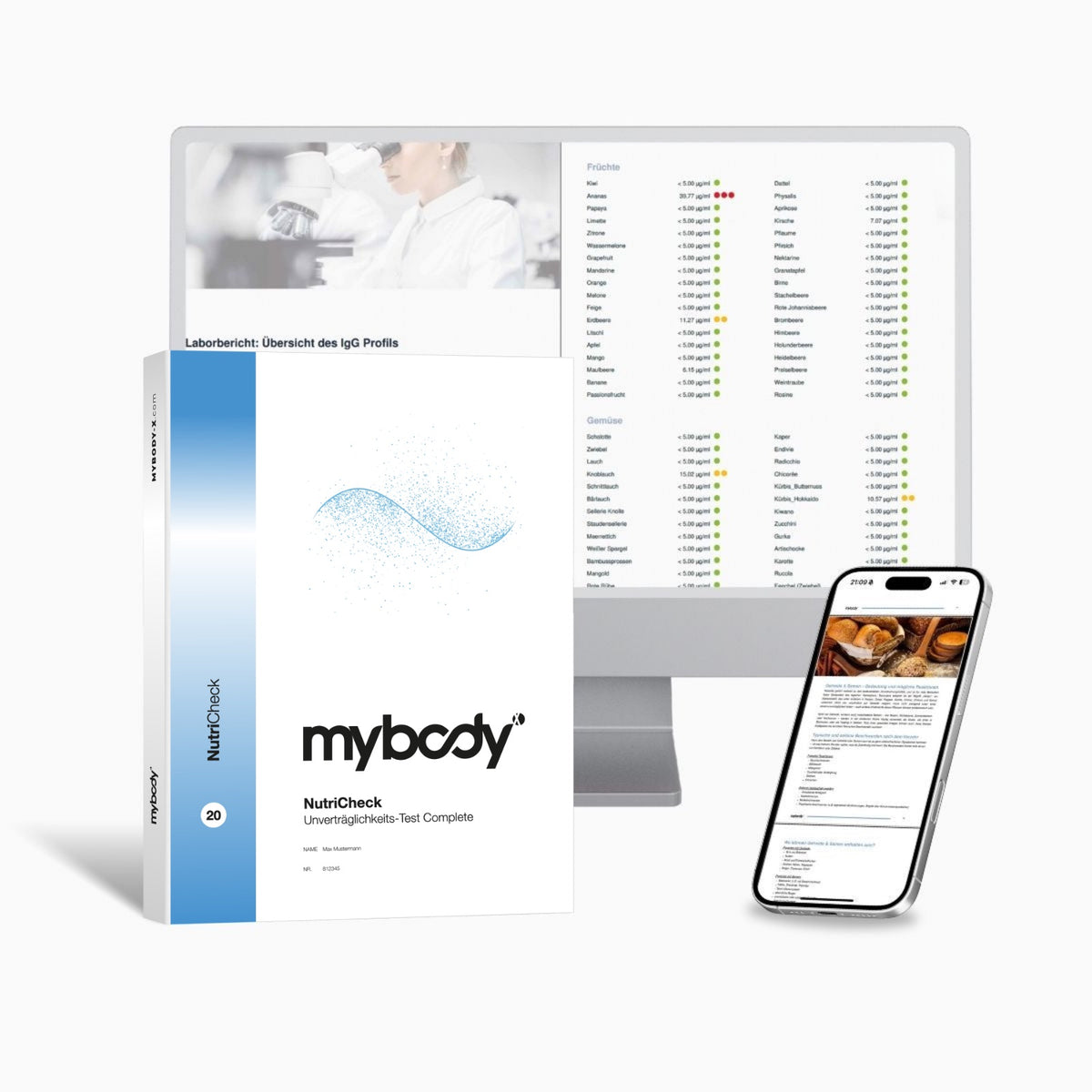 NutriCheck von mybody®x: Titelseite der Auswertung, dahinter Bildschirm und Handy mit Beispielseiten