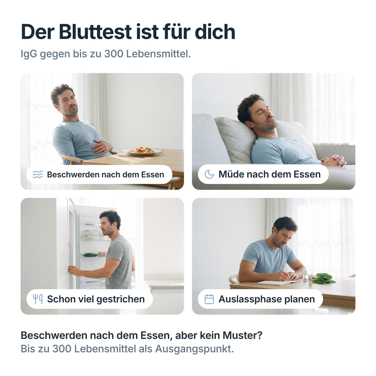 NutriCheck passt bei Beschwerden und Müdigkeit nach dem Essen und als Ausgangspunkt für eine Auslassphase