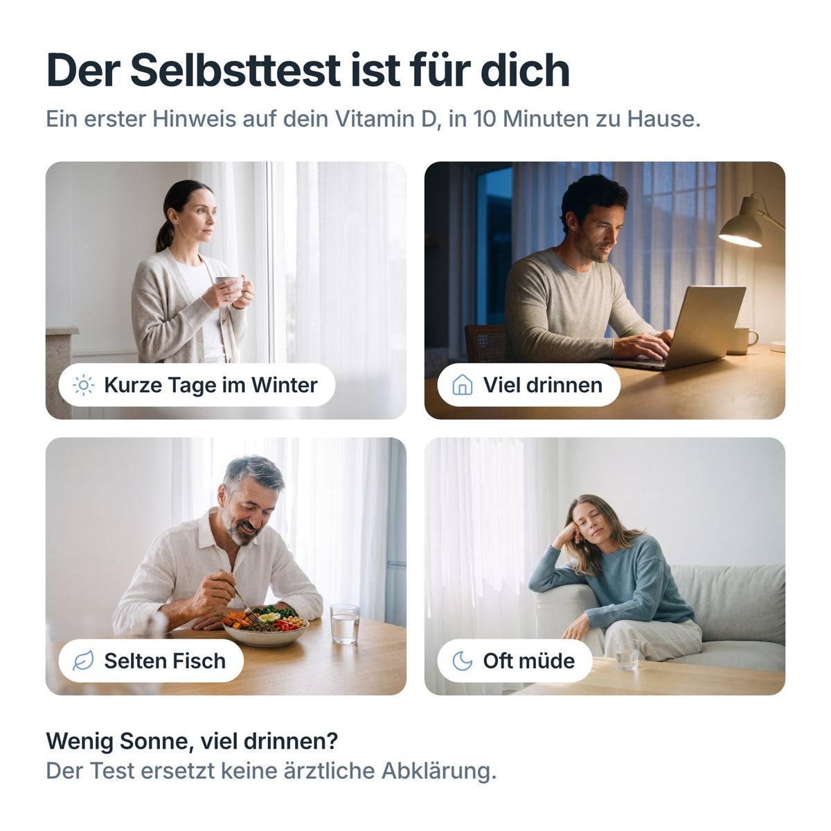 Für wen der Vitamin-D Selbsttest ist: kurze Tage im Winter, viel drinnen, selten Fisch, oft müde