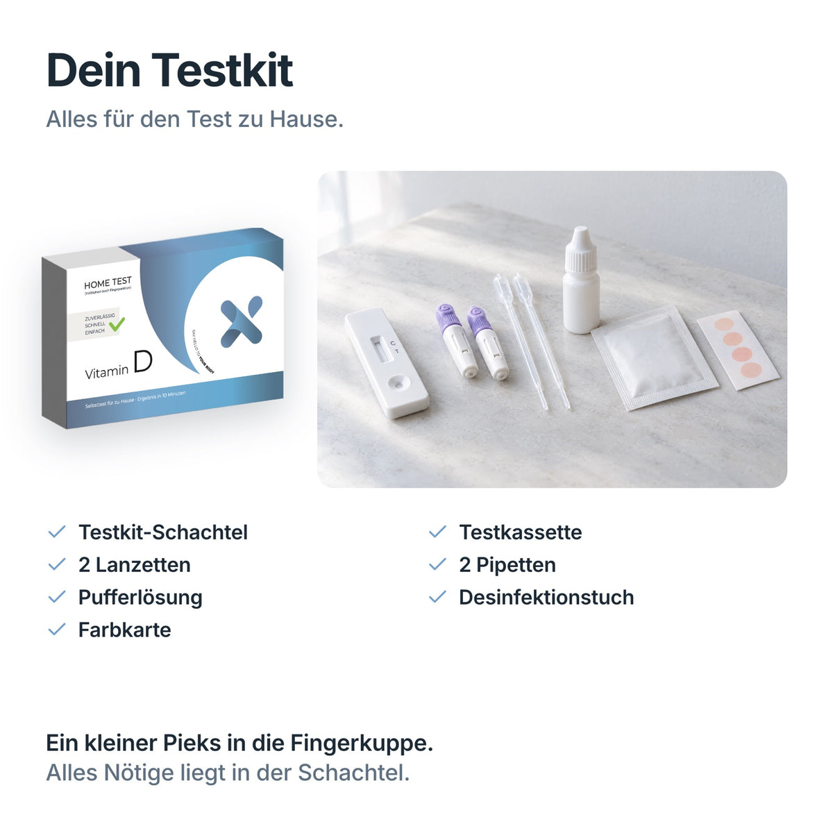 Inhalt des Vitamin-D Selbsttests: Testkassette, 2 Lanzetten, 2 Pipetten, Pufferlösung, Desinfektionstuch, Farbkarte