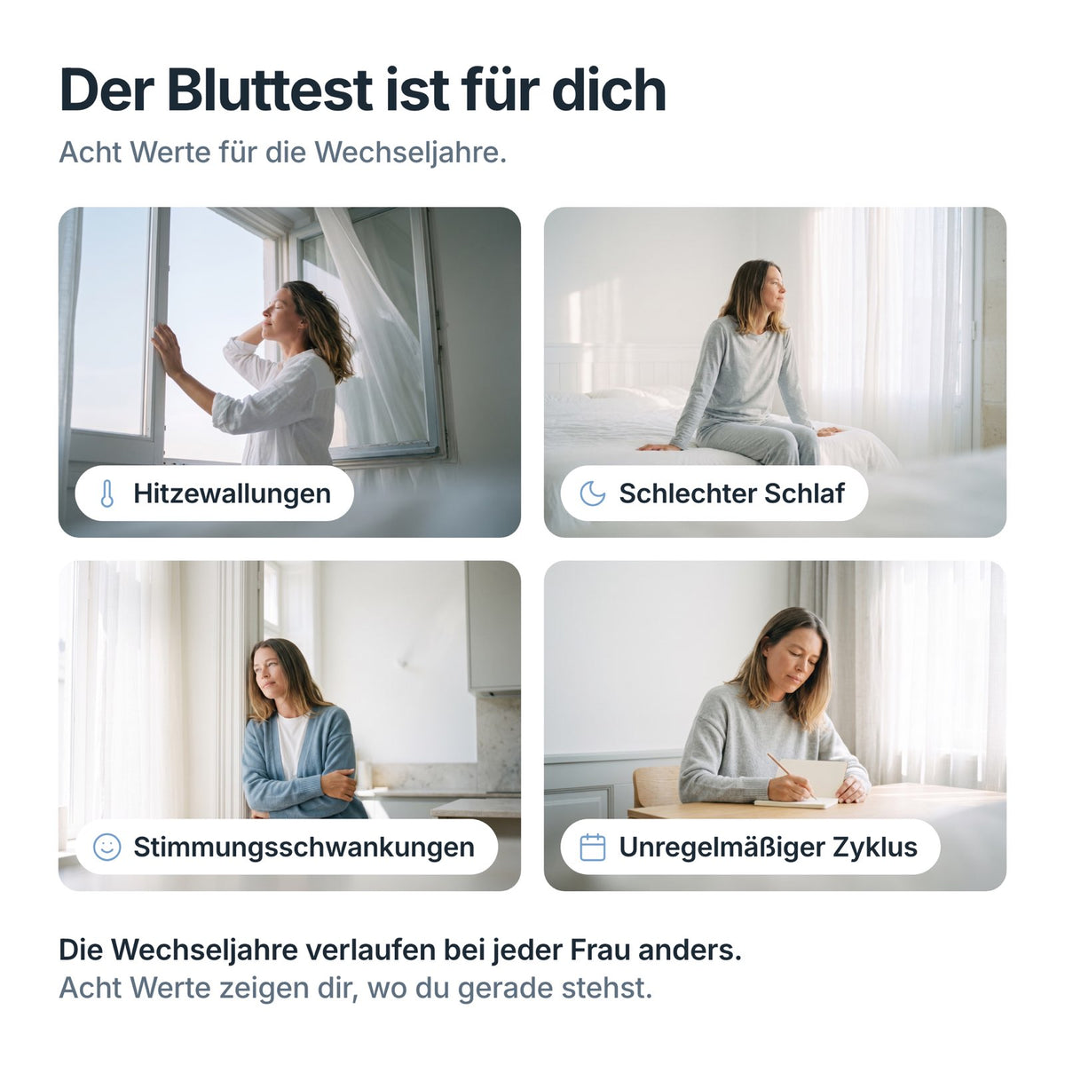 Menopause Check passt bei Hitzewallungen, schlechtem Schlaf, Stimmungsschwankungen und unregelmäßigem Zyklus