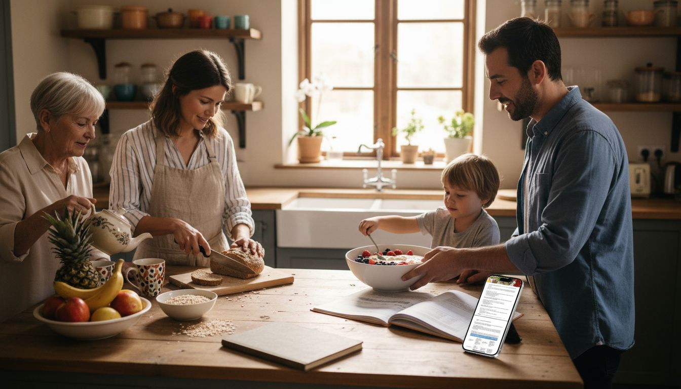 Family preparing healthy breakfast together