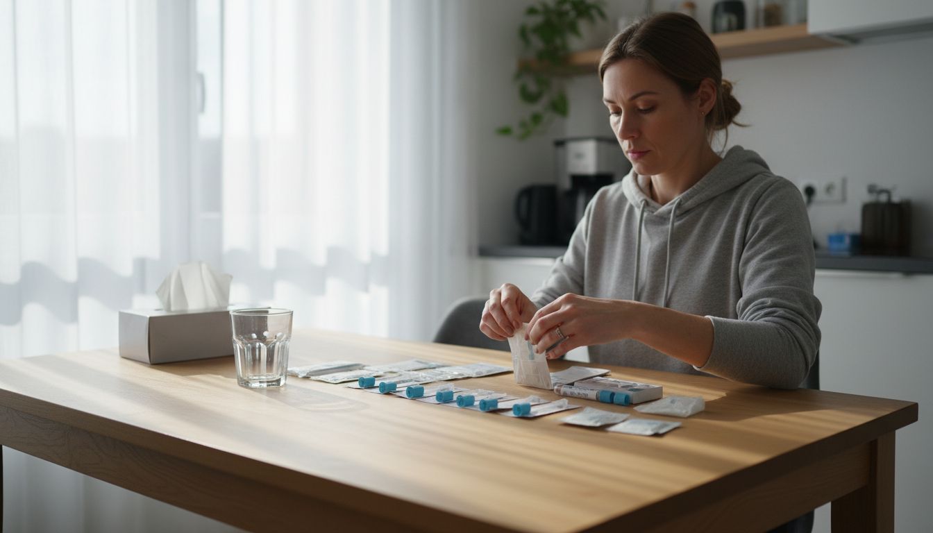 Woman prepares blood test kit at home