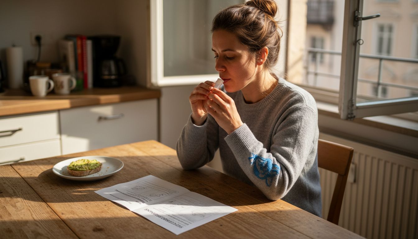 Eine Frau nimmt am Küchentisch eine DNA-Probe von sich selbst.