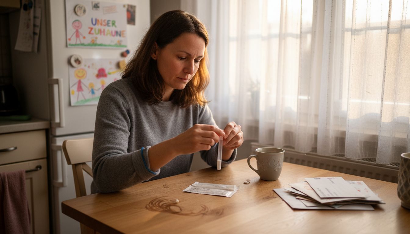 Eine Frau bereitet in ihrer Küche einen DNA-Test für zuhause vor.