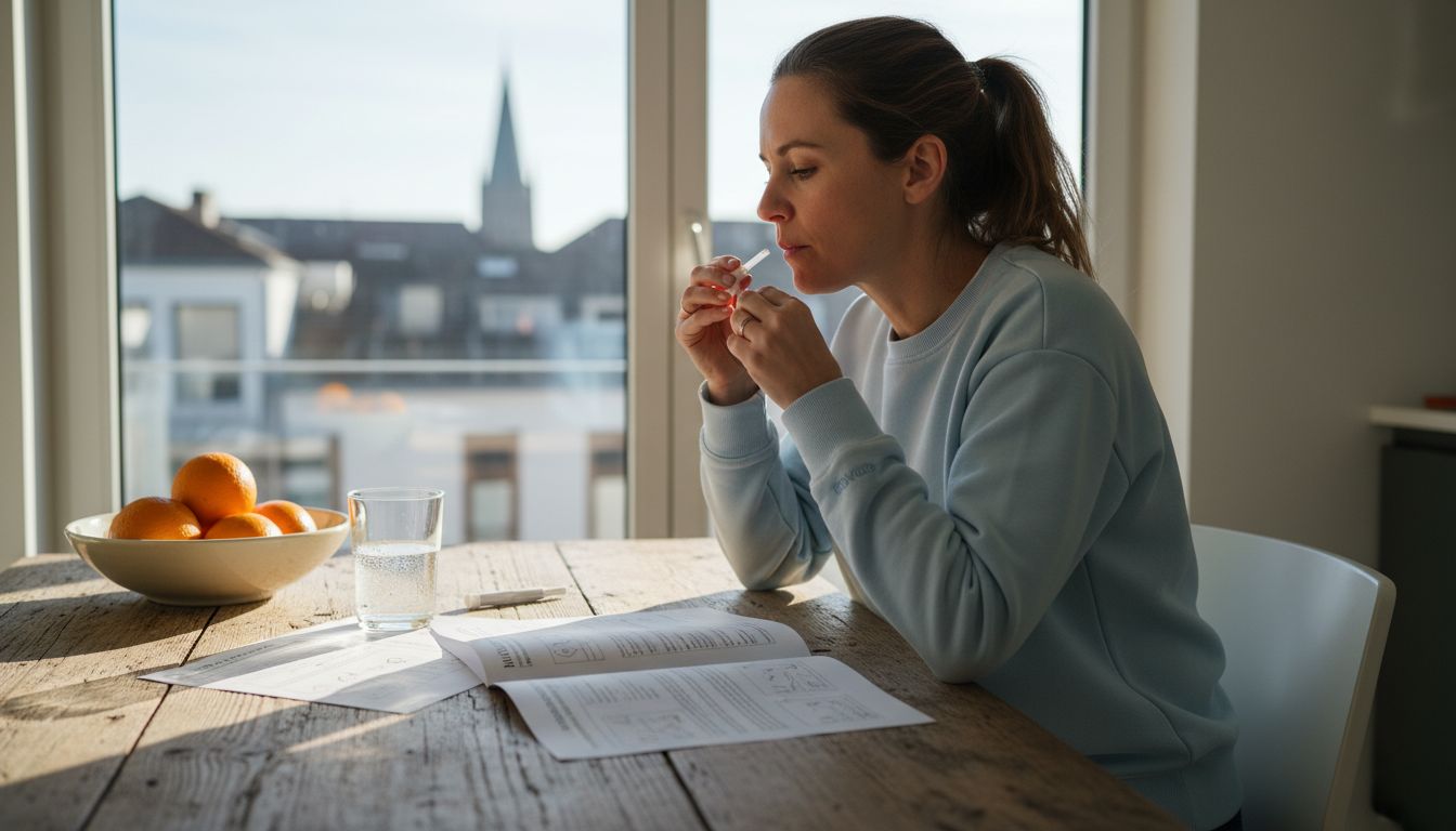 Eine Frau sitzt am Küchentisch und führt einen Ernährungstest durch.