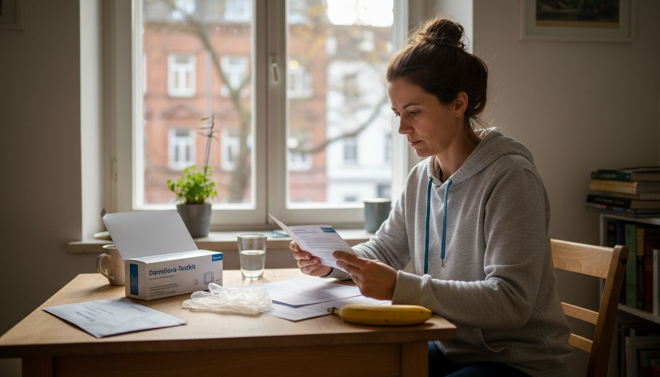 Eine Frau sitzt am Küchentisch und studiert aufmerksam die Anleitung für ihr Darmflora-Testkit.