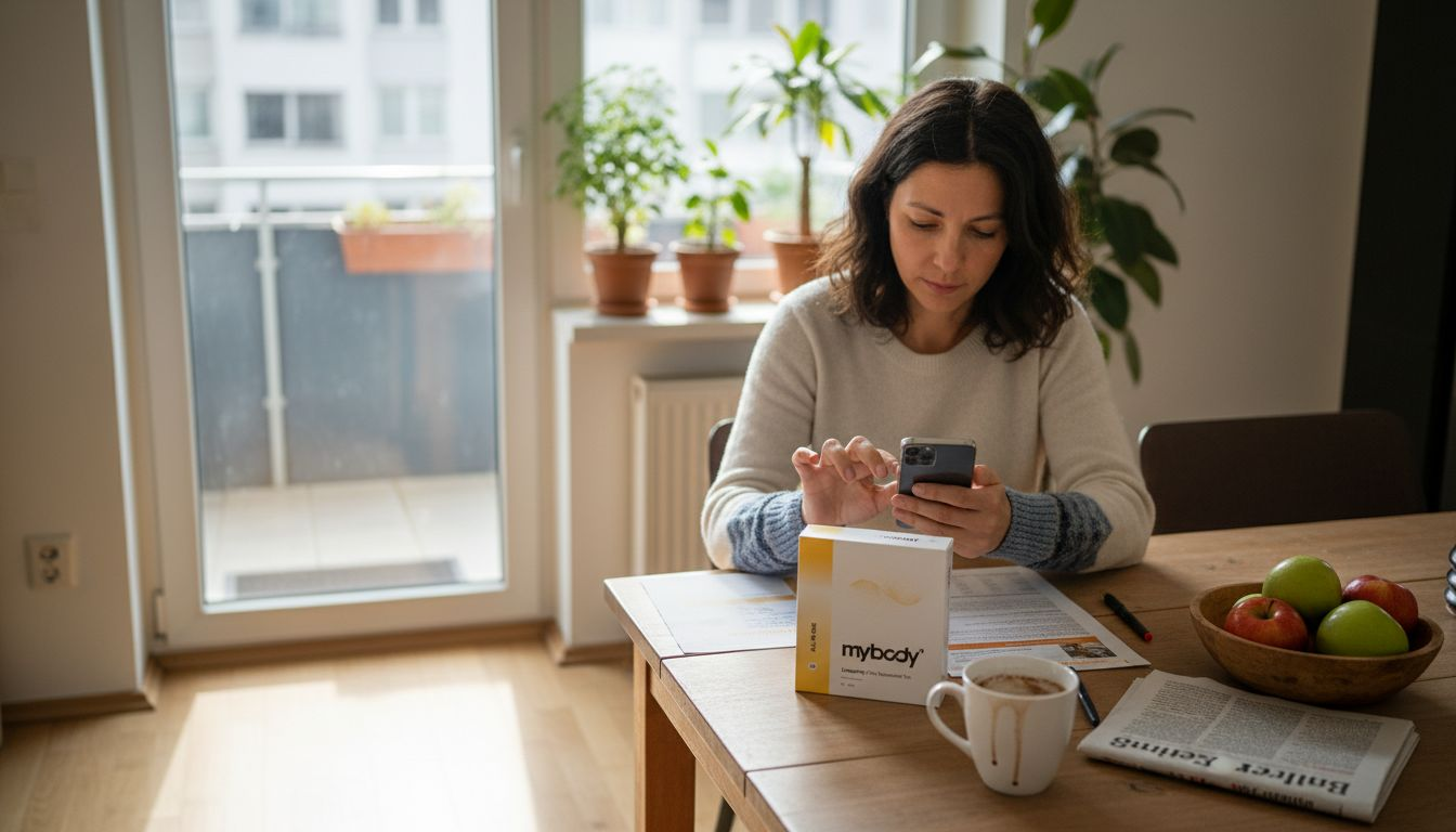 Eine Frau führt zu Hause einen Gesundheitstest durch.