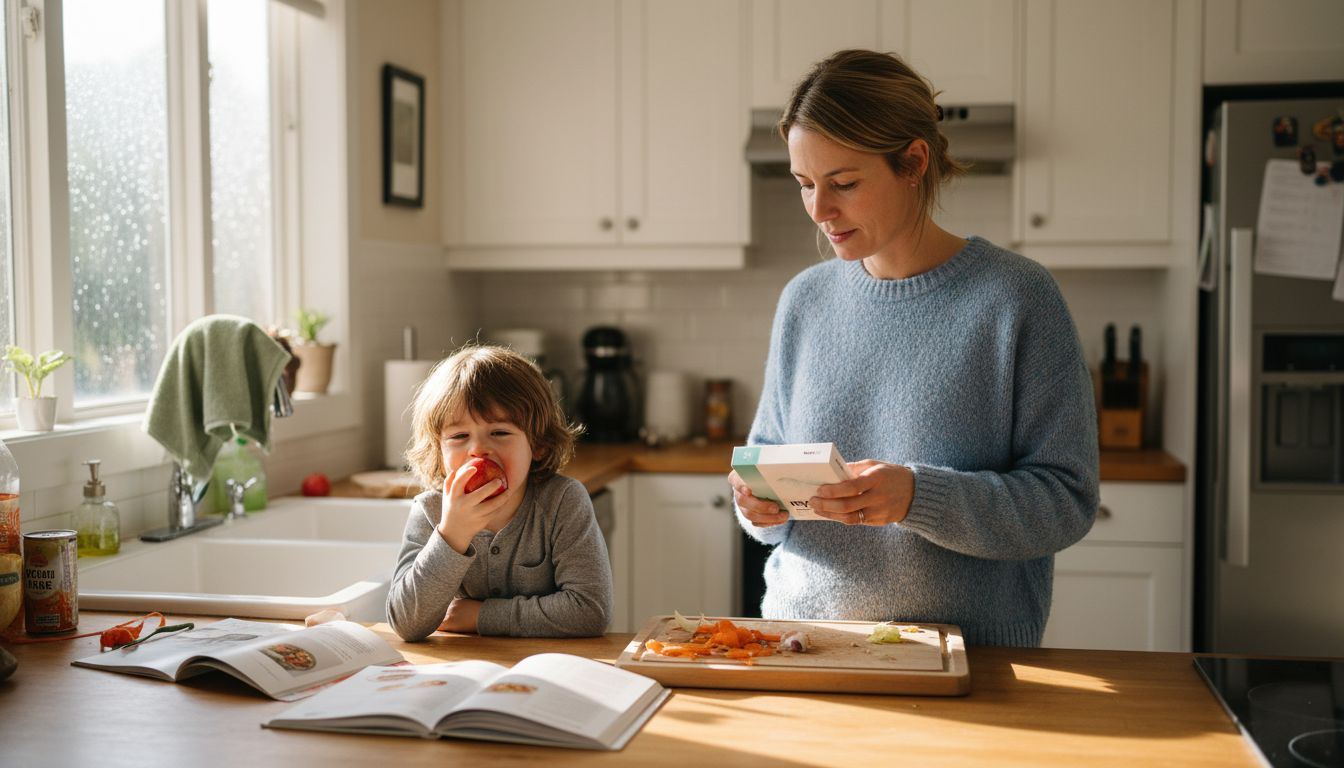 Eine Frau kontrolliert die Lebensmittel in der heimischen Küche.