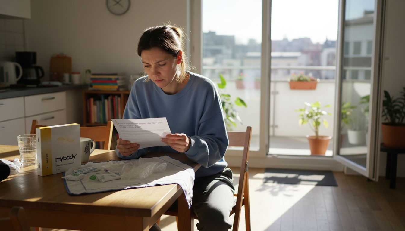 Eine Frau bereitet am Küchentisch einen Gesundheitstest für zuhause vor.