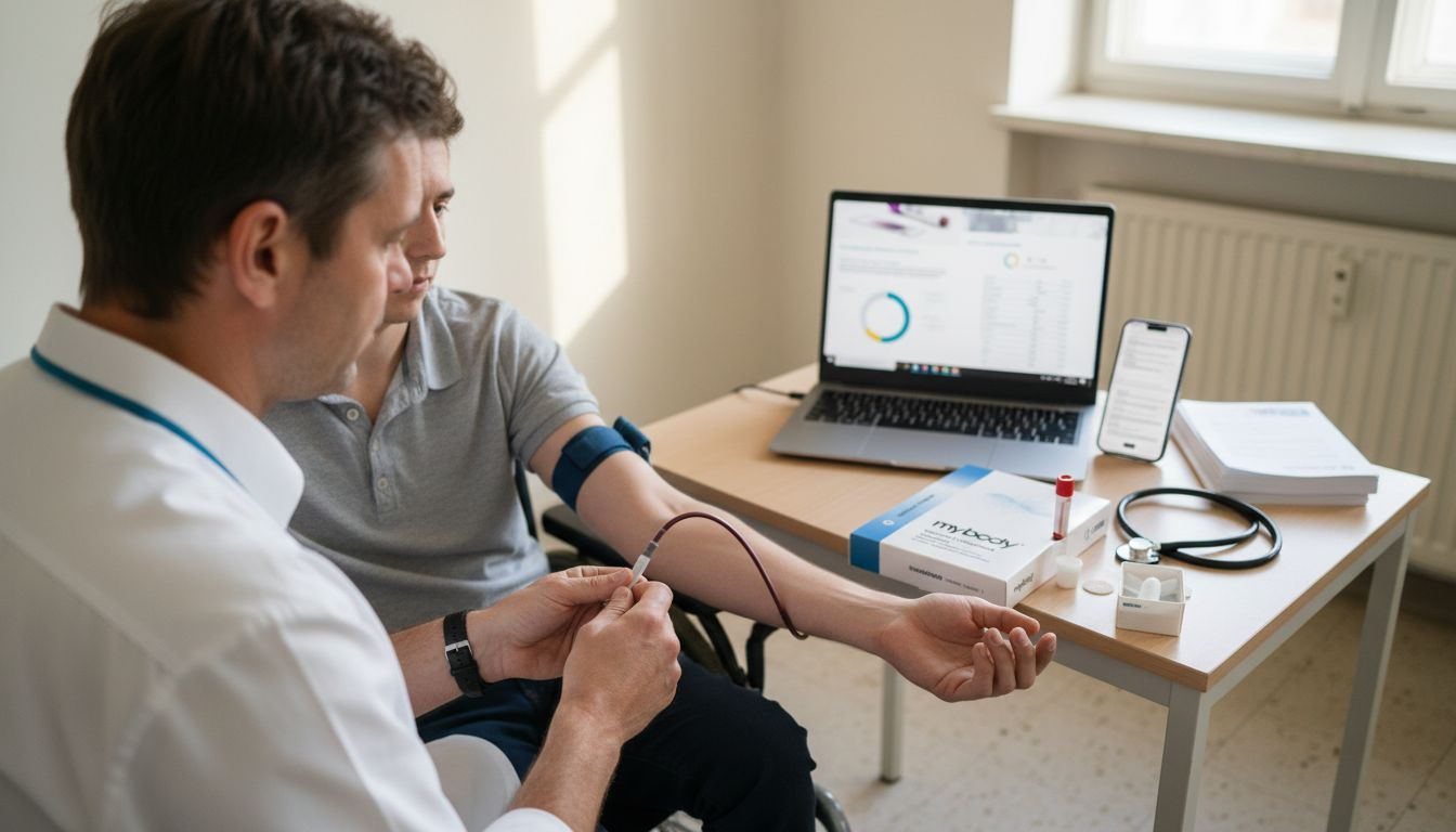 Im Behandlungszimmer nimmt der Arzt Blut ab.