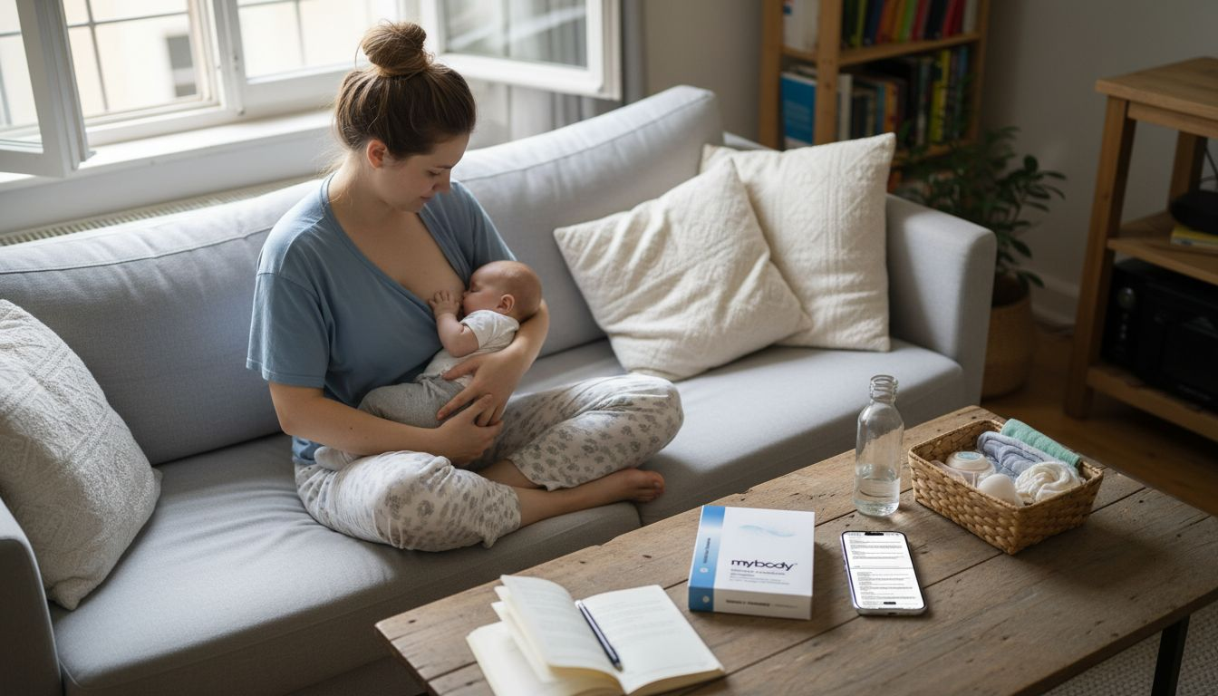 Eine Mutter stillt ihr Baby gemütlich auf dem Sofa in ihrem Wohnzimmer.