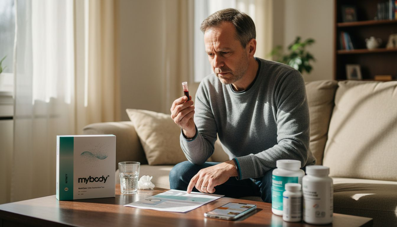 Ein Mann bespricht seine Blutwerte und prüft dabei, welche Nahrungsergänzungsmittel für ihn sinnvoll sein könnten.