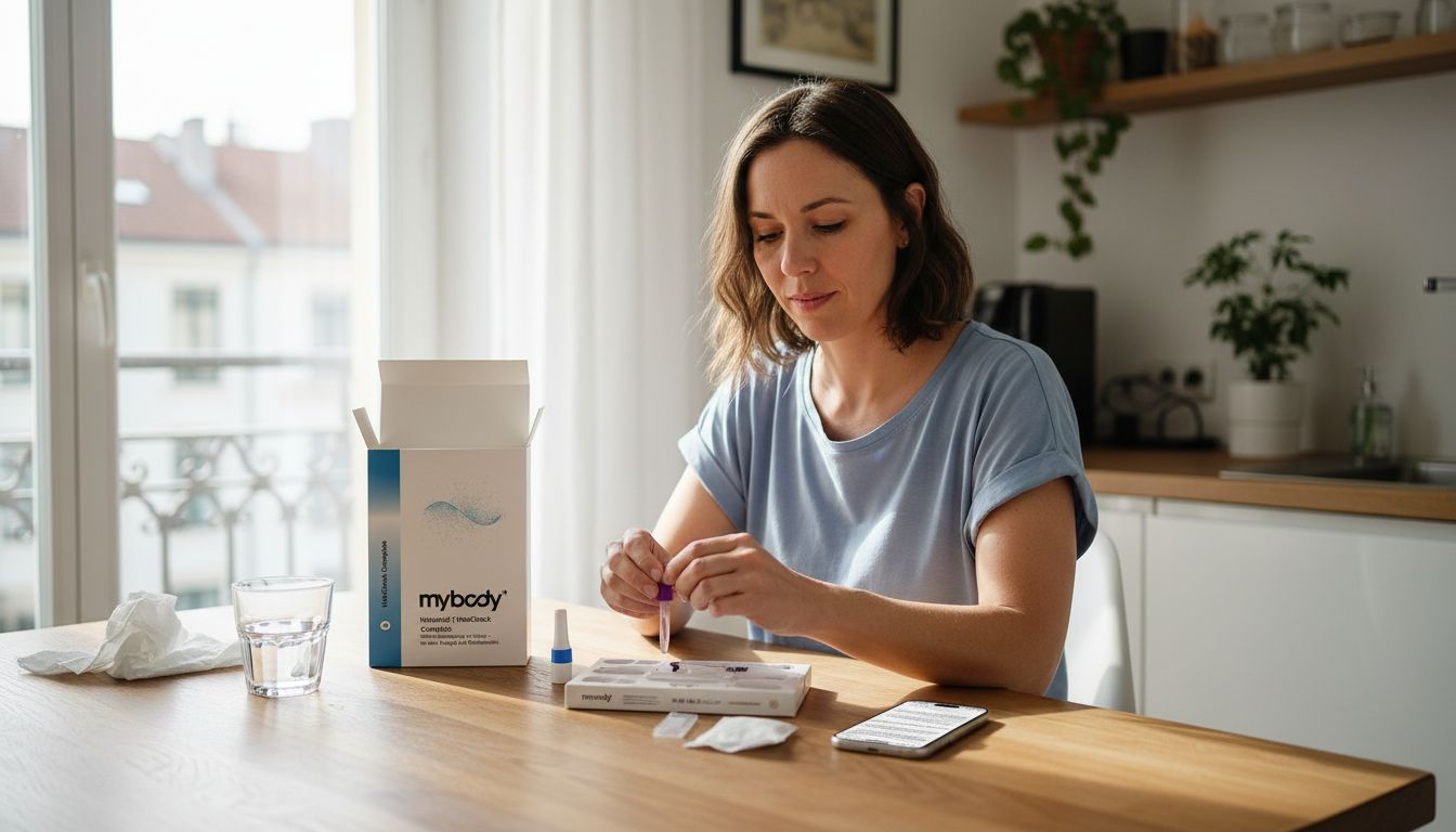 Eine Frau nimmt am Küchentisch eine Blutprobe bei sich selbst.