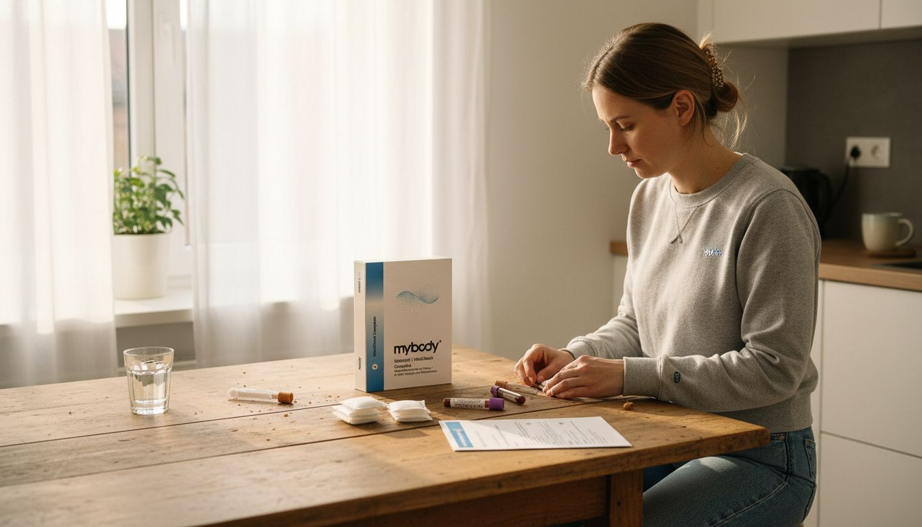 Eine Frau bereitet zuhause alles für eine Blutabnahme vor.