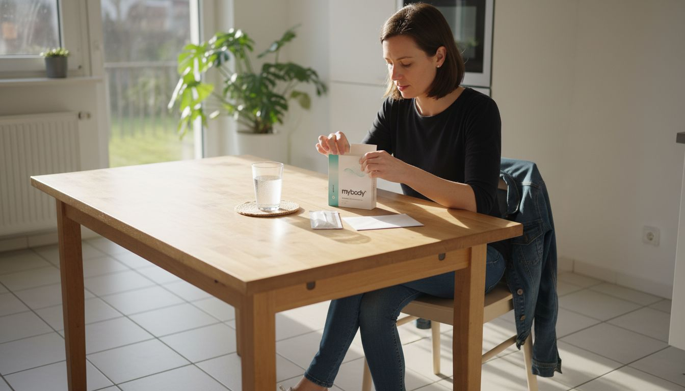 In einer sonnendurchfluteten Küche packt eine Frau neugierig ihr DNA-Testset aus.