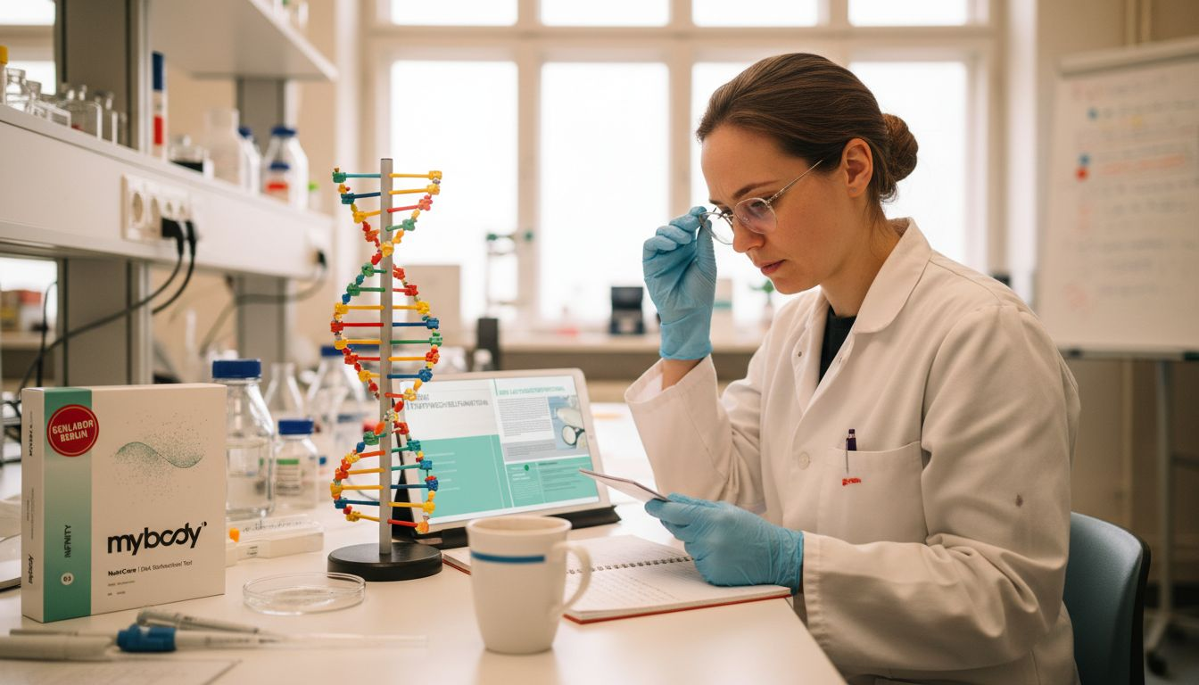 Eine Biochemikerin untersucht im Forschungslabor ein DNA-Modell.