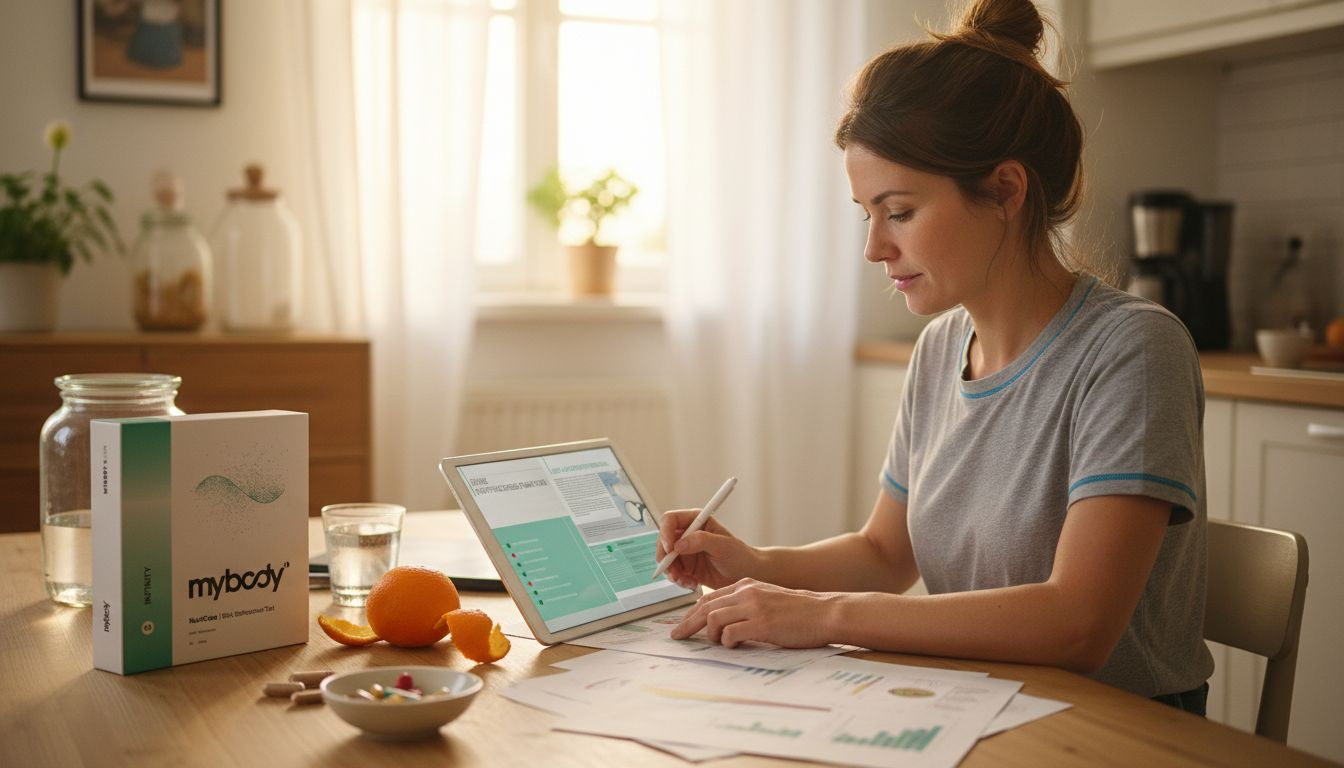 Eine Frau steht in ihrer Küche und überprüft ihre Ernährungsliste.