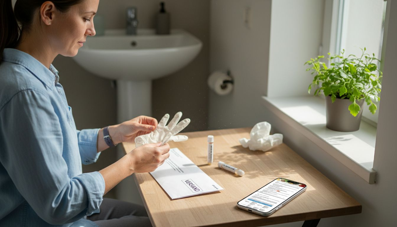 Eine Frau bereitet am Tisch Materialien für einen Mikrobiom-Test vor.